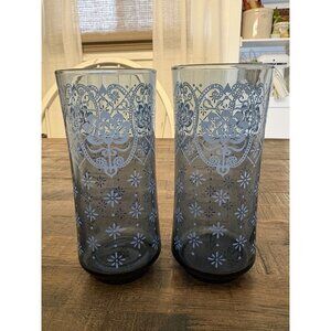Vintage Libbey Tumbler Glasses 16oz Blue Flowers MCM Stars Pair Of Two
